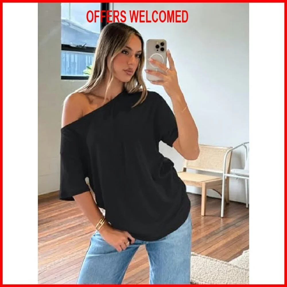 Oversized Off Shoulder Short Sleeve Tee, Soft Polyester Blend, Loose Fit - Picture 4 of 6